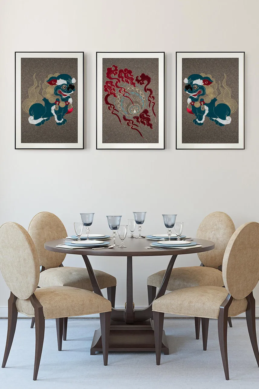 A Set of Embroidery Artwork Featuring Lion Ball Play Design