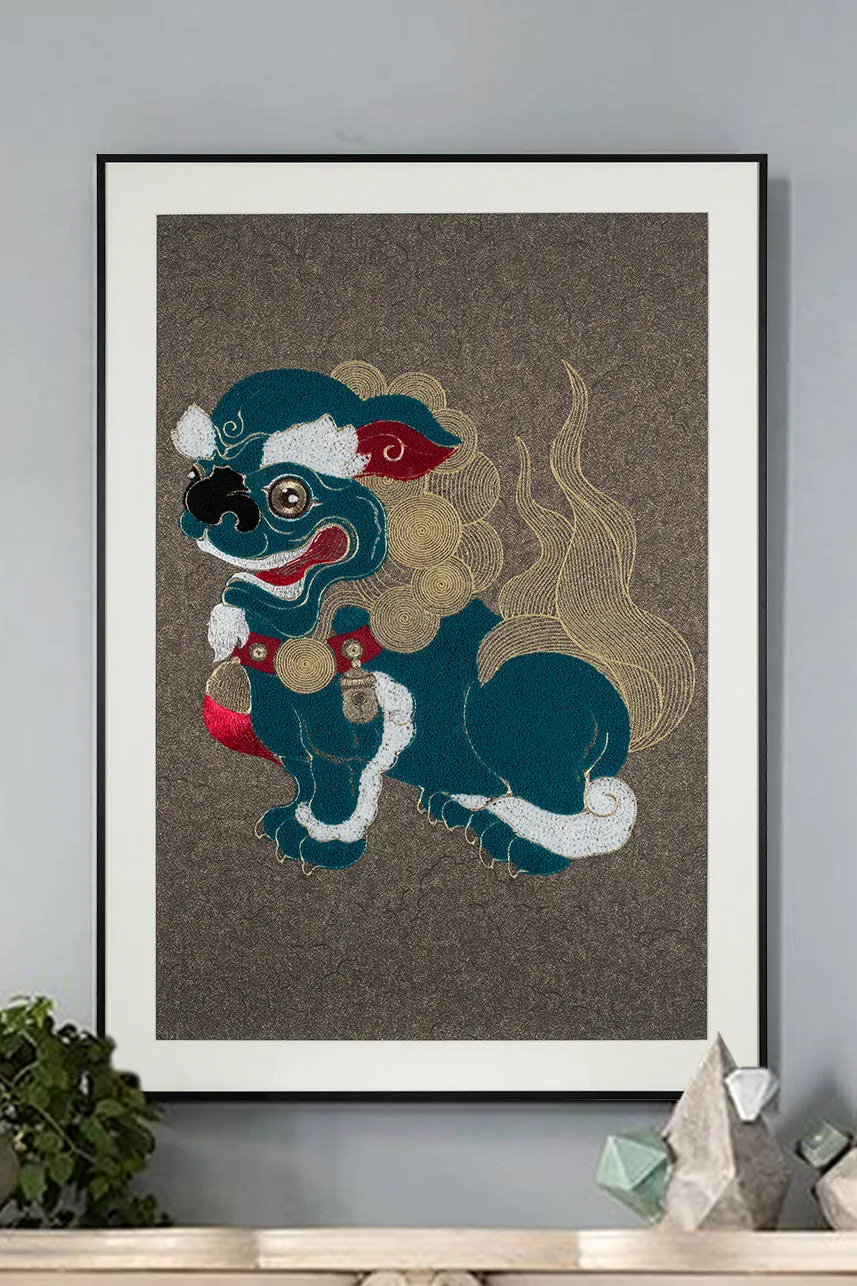 A Set of Embroidery Artwork Featuring Lion Ball Play Design