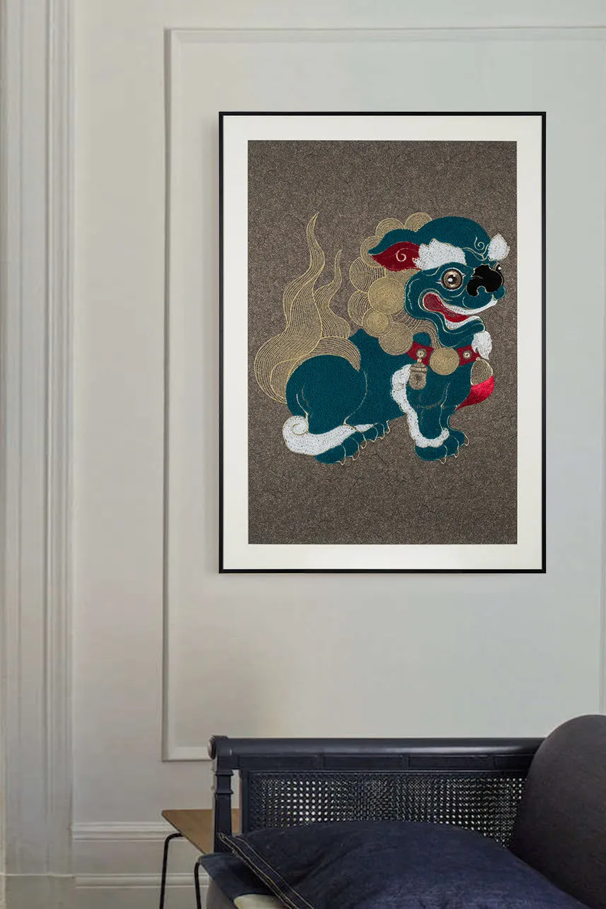 A Set of Embroidery Artwork Featuring Lion Ball Play Design
