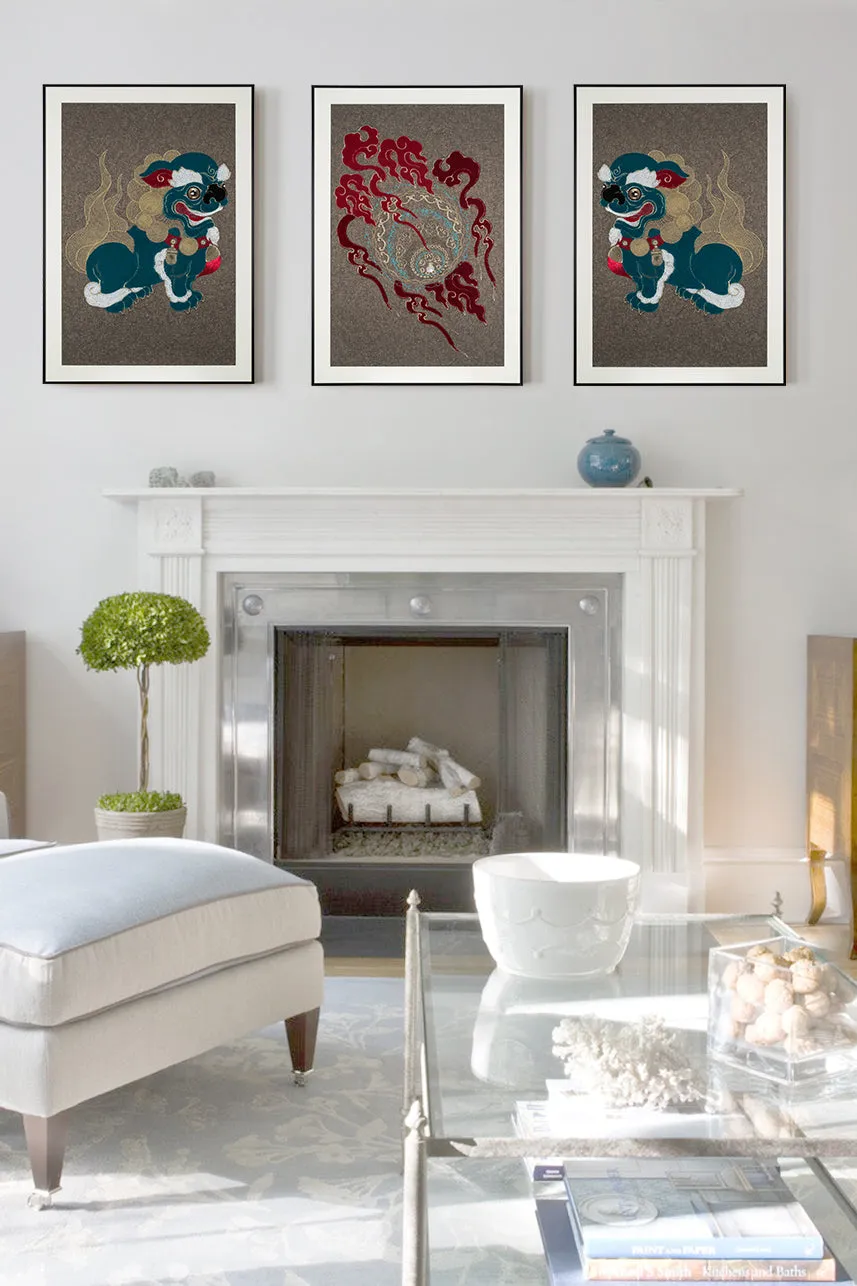 A Set of Embroidery Artwork Featuring Lion Ball Play Design