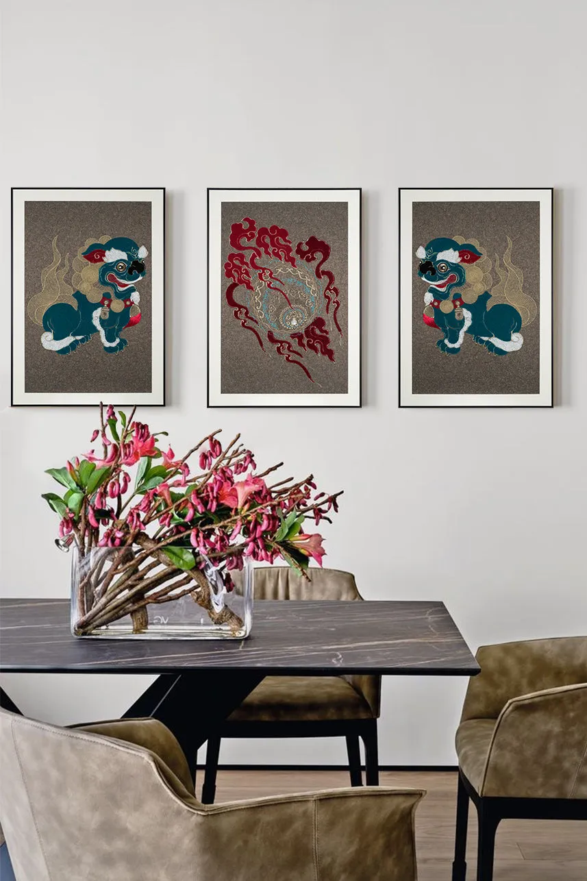 A Set of Embroidery Artwork Featuring Lion Ball Play Design