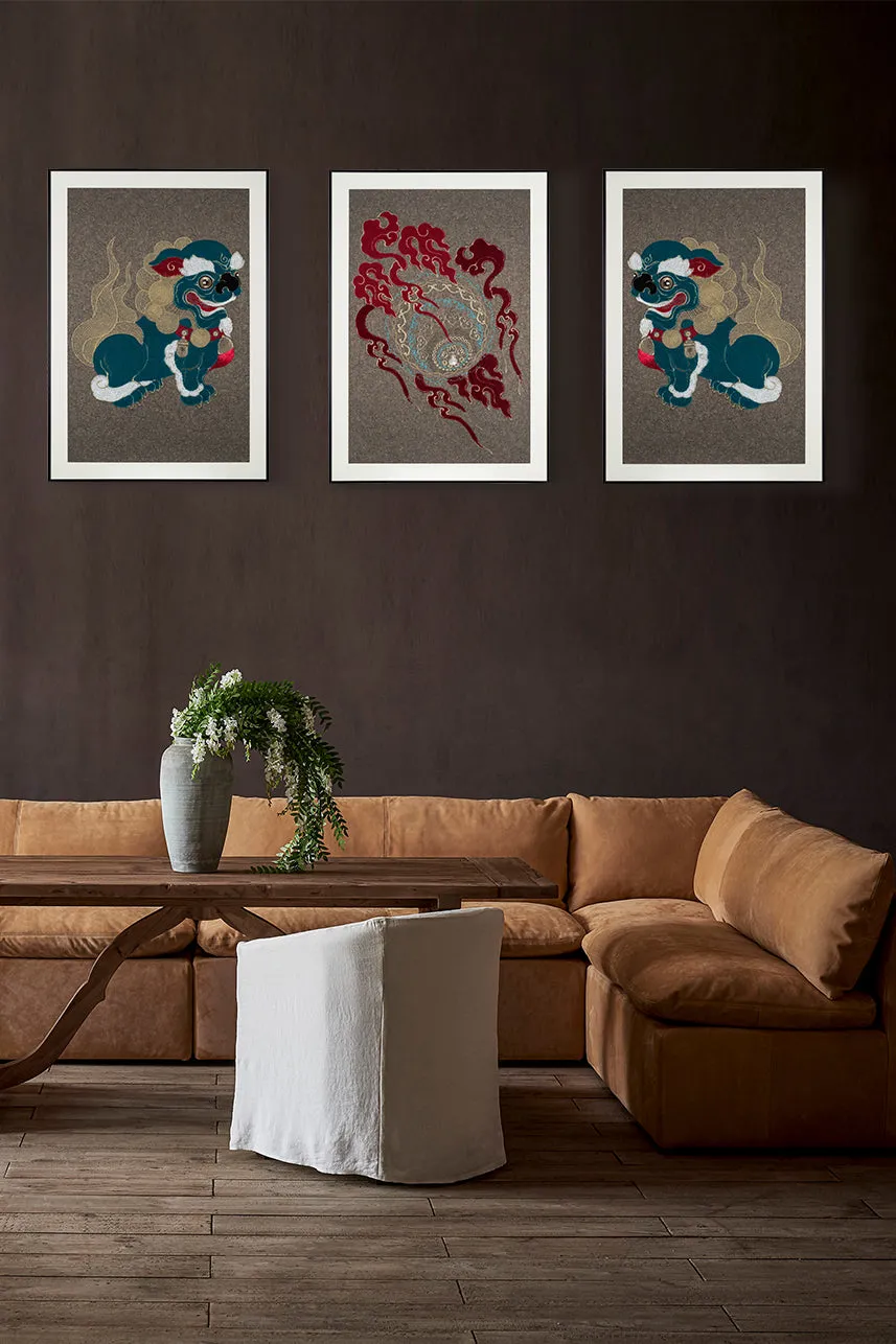 A Set of Embroidery Artwork Featuring Lion Ball Play Design