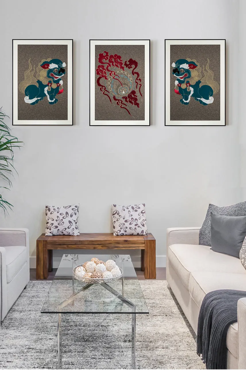 A Set of Embroidery Artwork Featuring Lion Ball Play Design