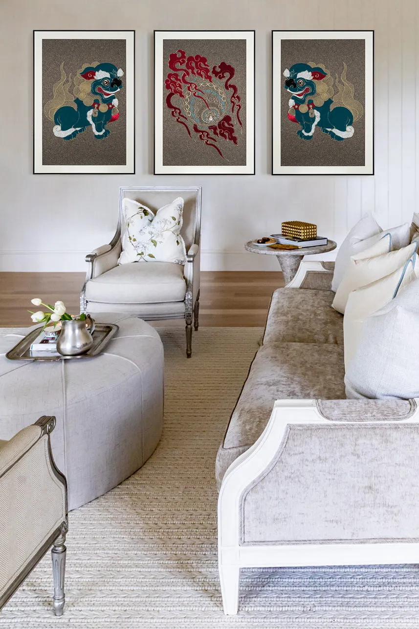 A Set of Embroidery Artwork Featuring Lion Ball Play Design