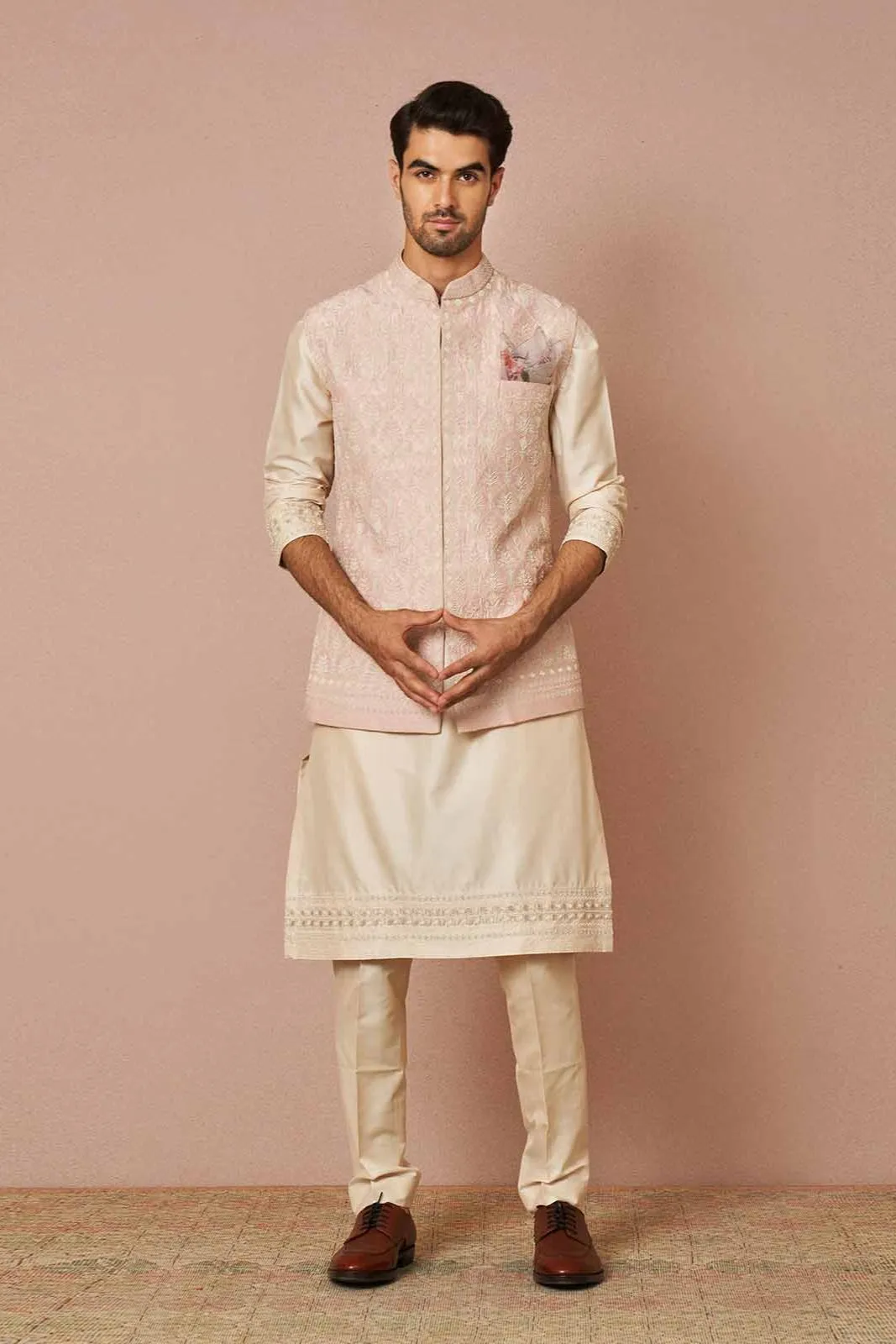 BABY PINK RAWSILK ARMAAN PEARL EMBROIDERED BANDI SET