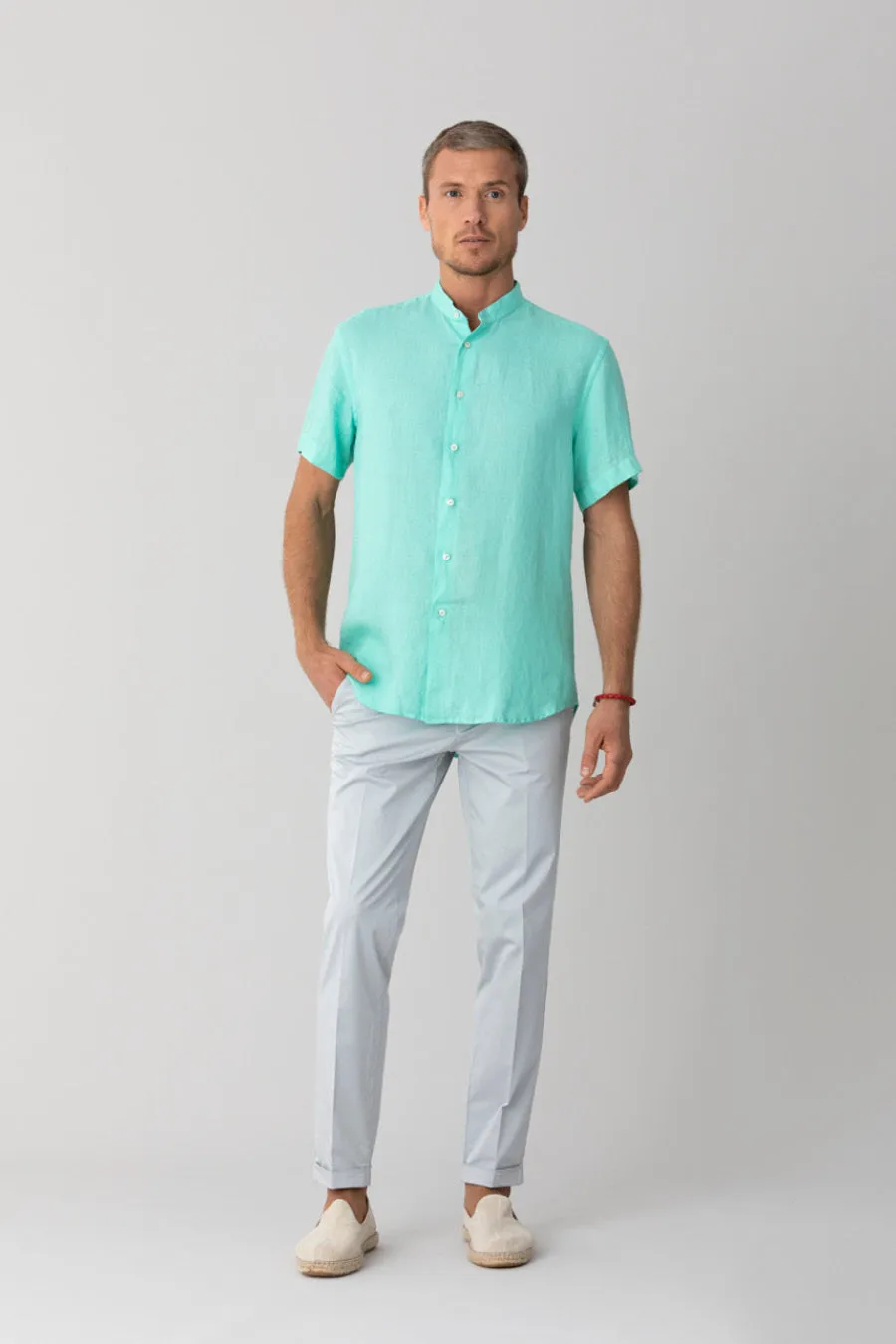 basic linen shirt mao collar turquoise