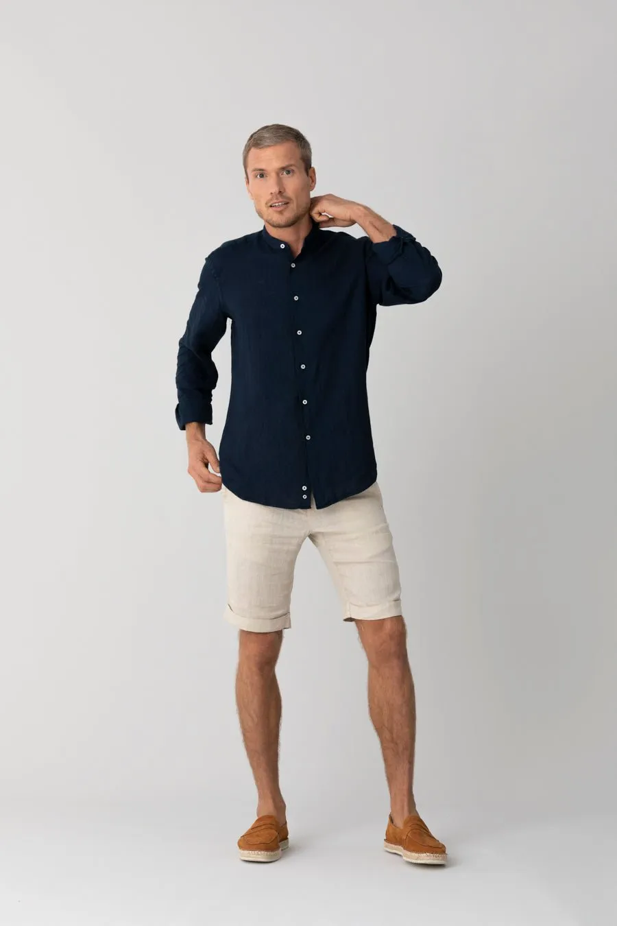 basic linen shirt mao navy