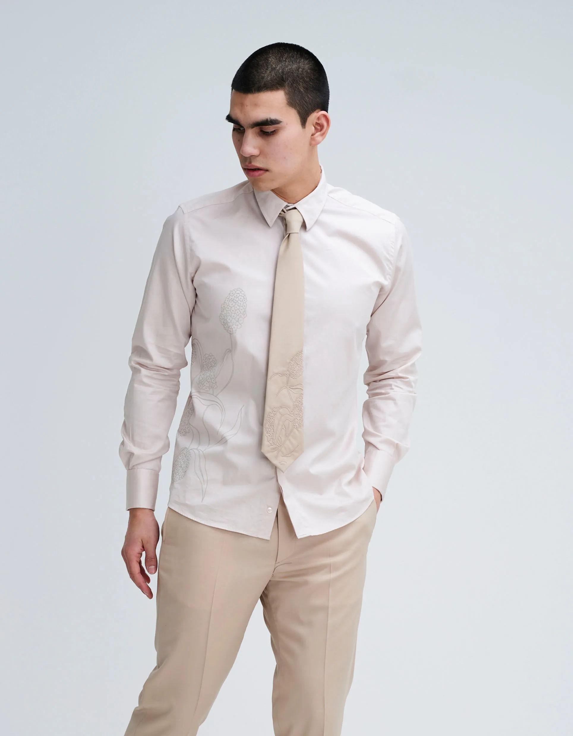 Beige Cotton Shirt With Floral Overprint GOLD