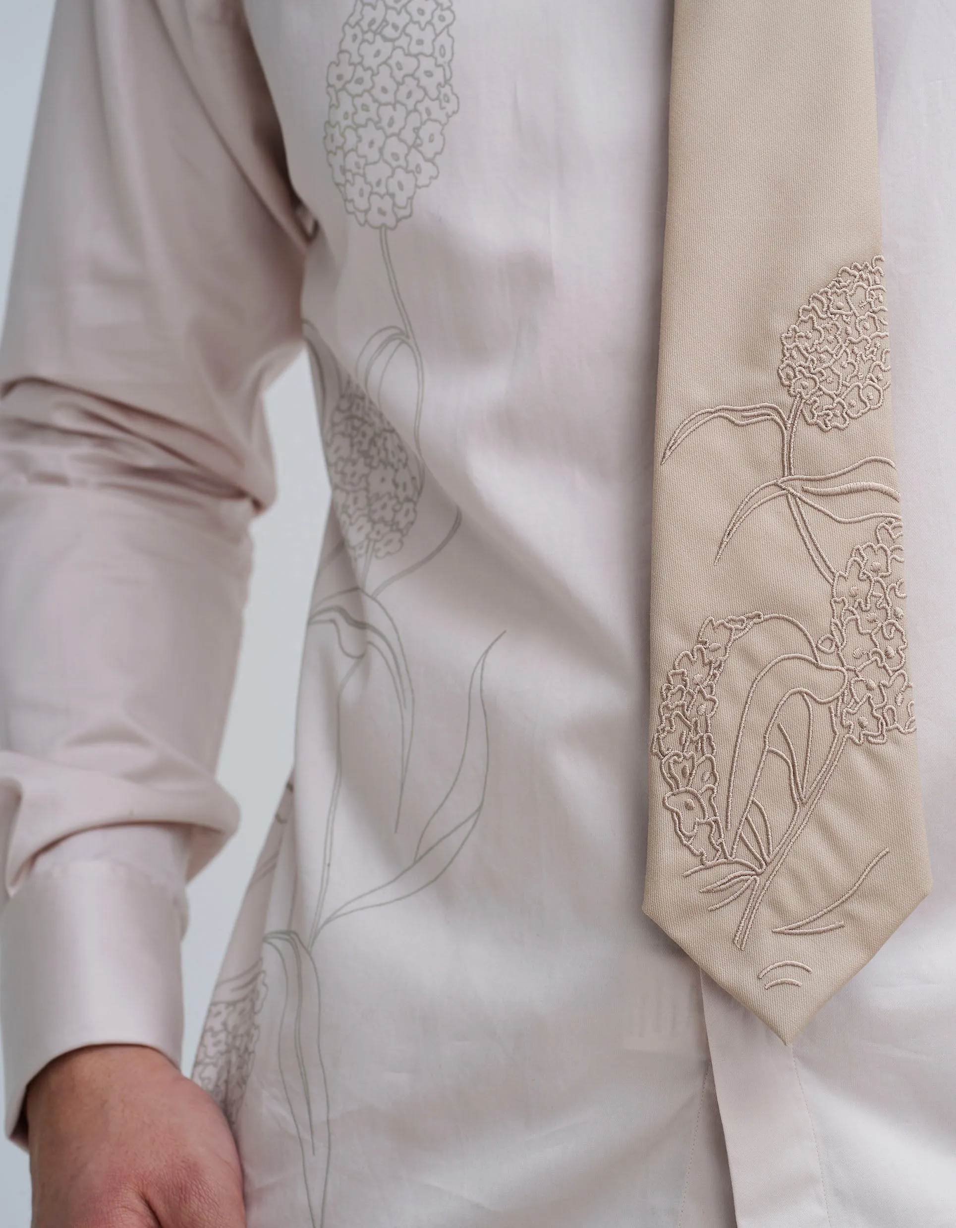 Beige Cotton Shirt With Floral Overprint GOLD