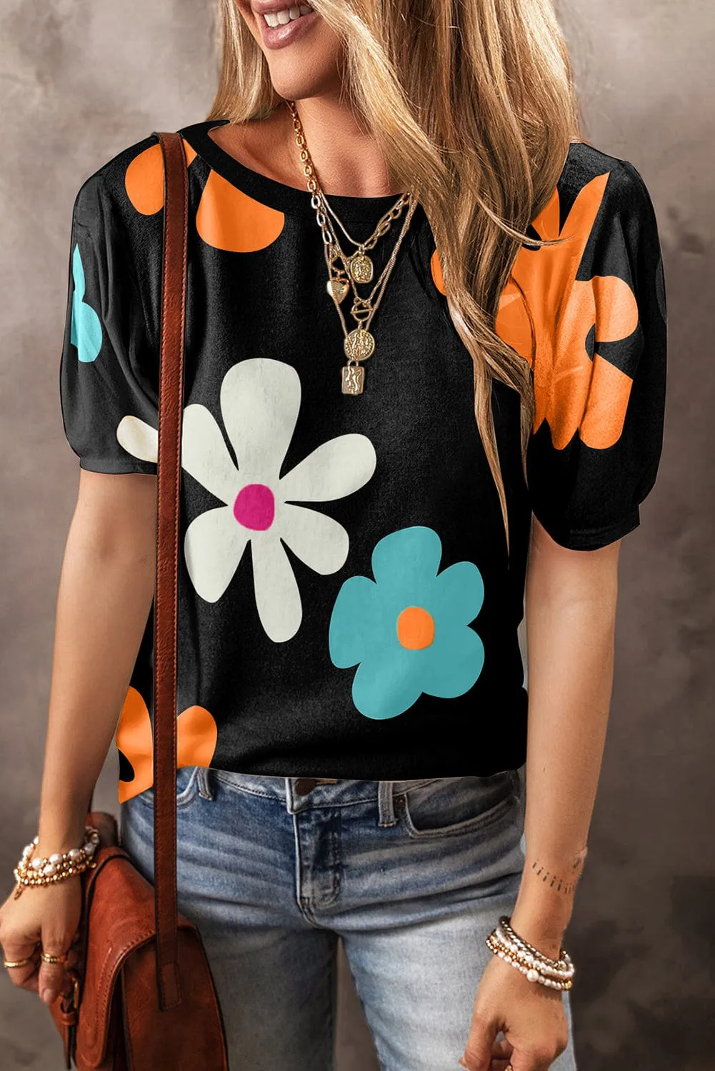 Black Floral Short Sleeve Top