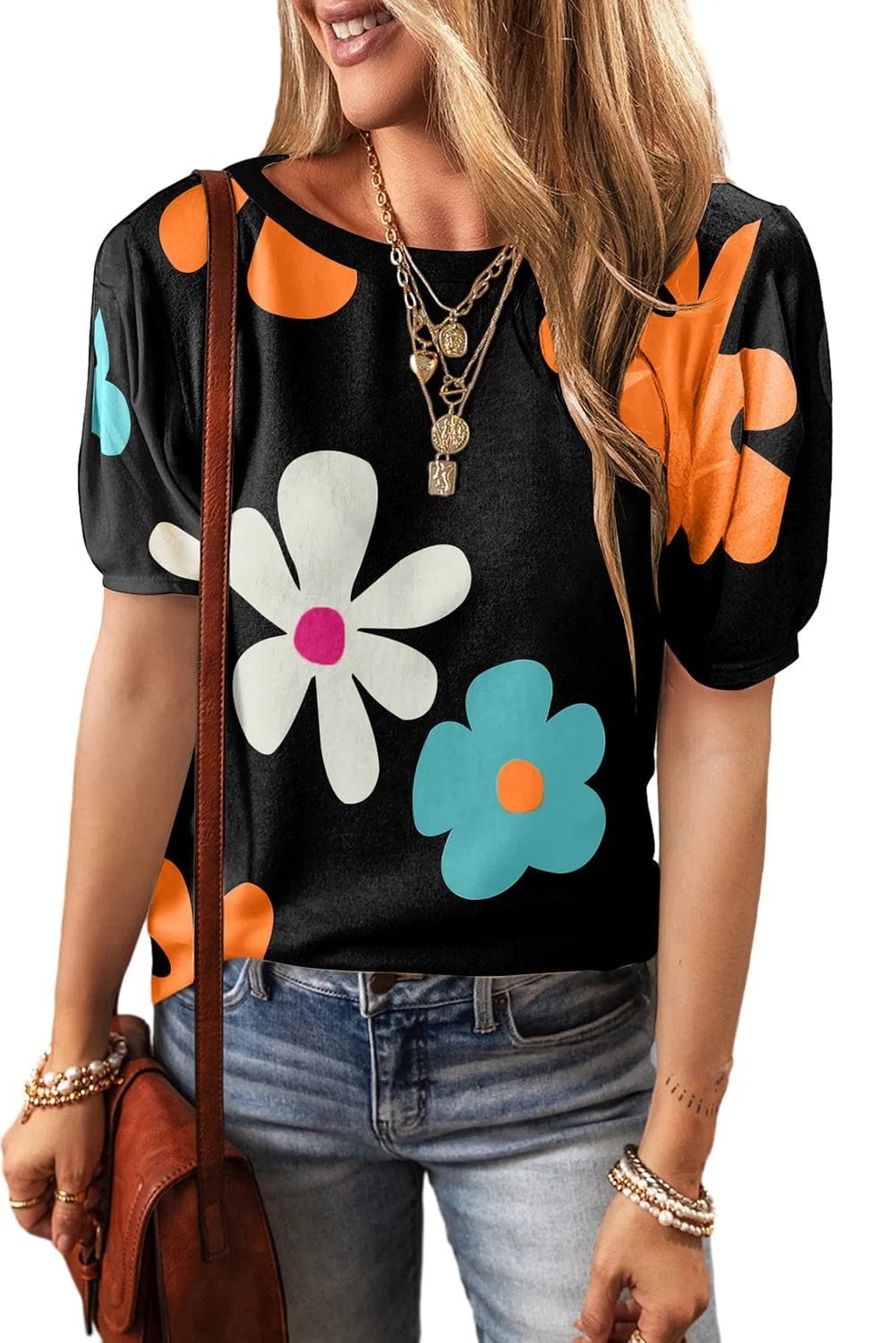 Black Floral Short Sleeve Top