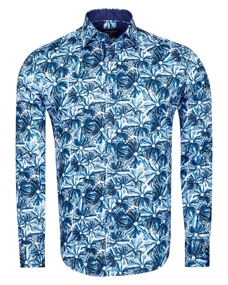 Blossoming Neon Blue Print Cotton Shirts For Men
