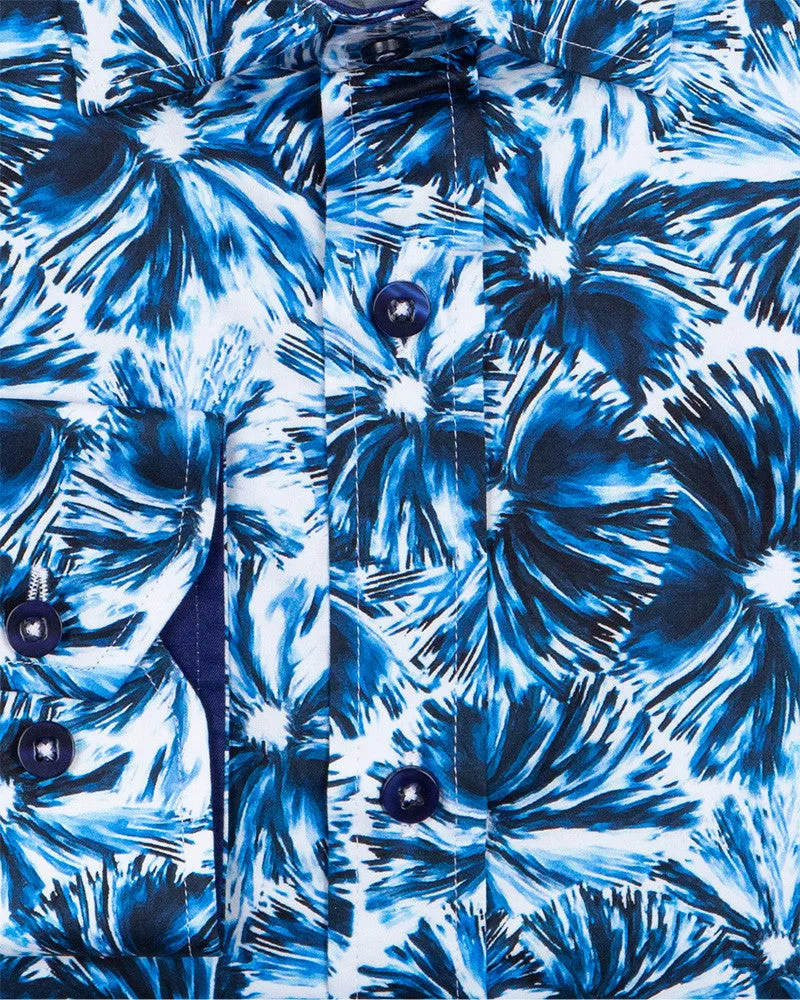 Blossoming Neon Blue Print Cotton Shirts For Men
