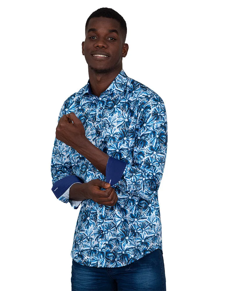 Blossoming Neon Blue Print Cotton Shirts For Men