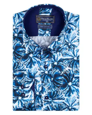 Blossoming Neon Blue Print Cotton Shirts For Men
