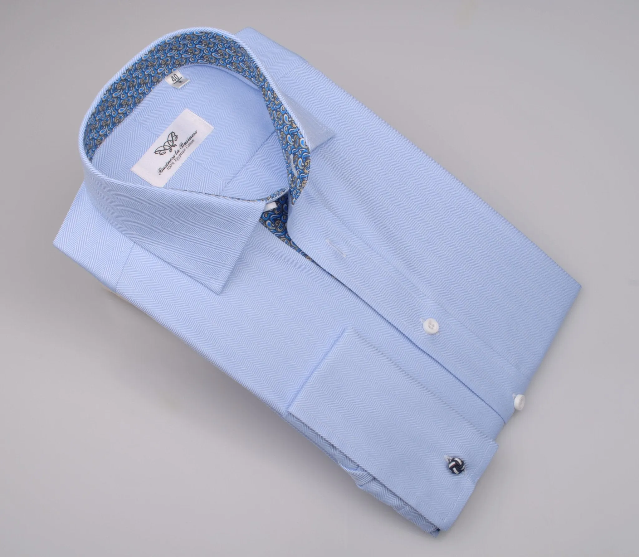 Blue Luxury Herringbone Formal Business Dress Shirt with Paisleys