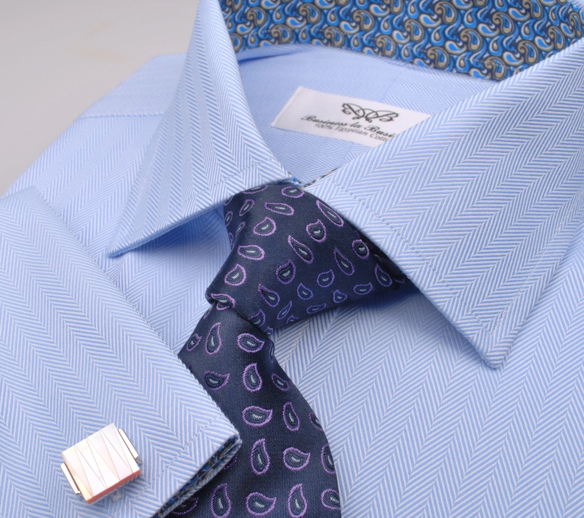 Blue Luxury Herringbone Formal Business Dress Shirt with Paisleys