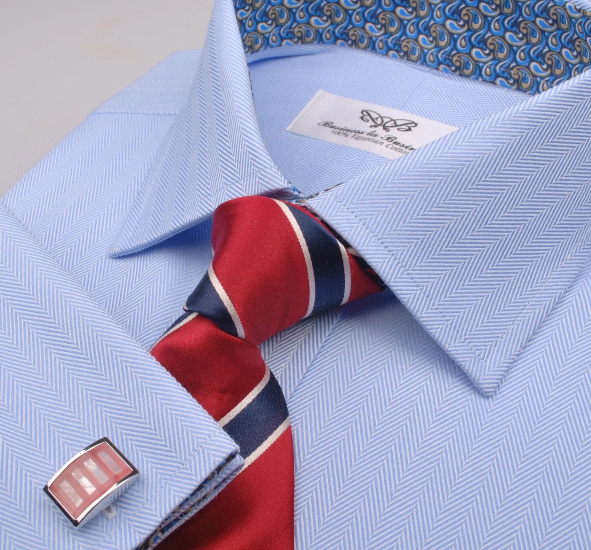Blue Luxury Herringbone Formal Business Dress Shirt with Paisleys