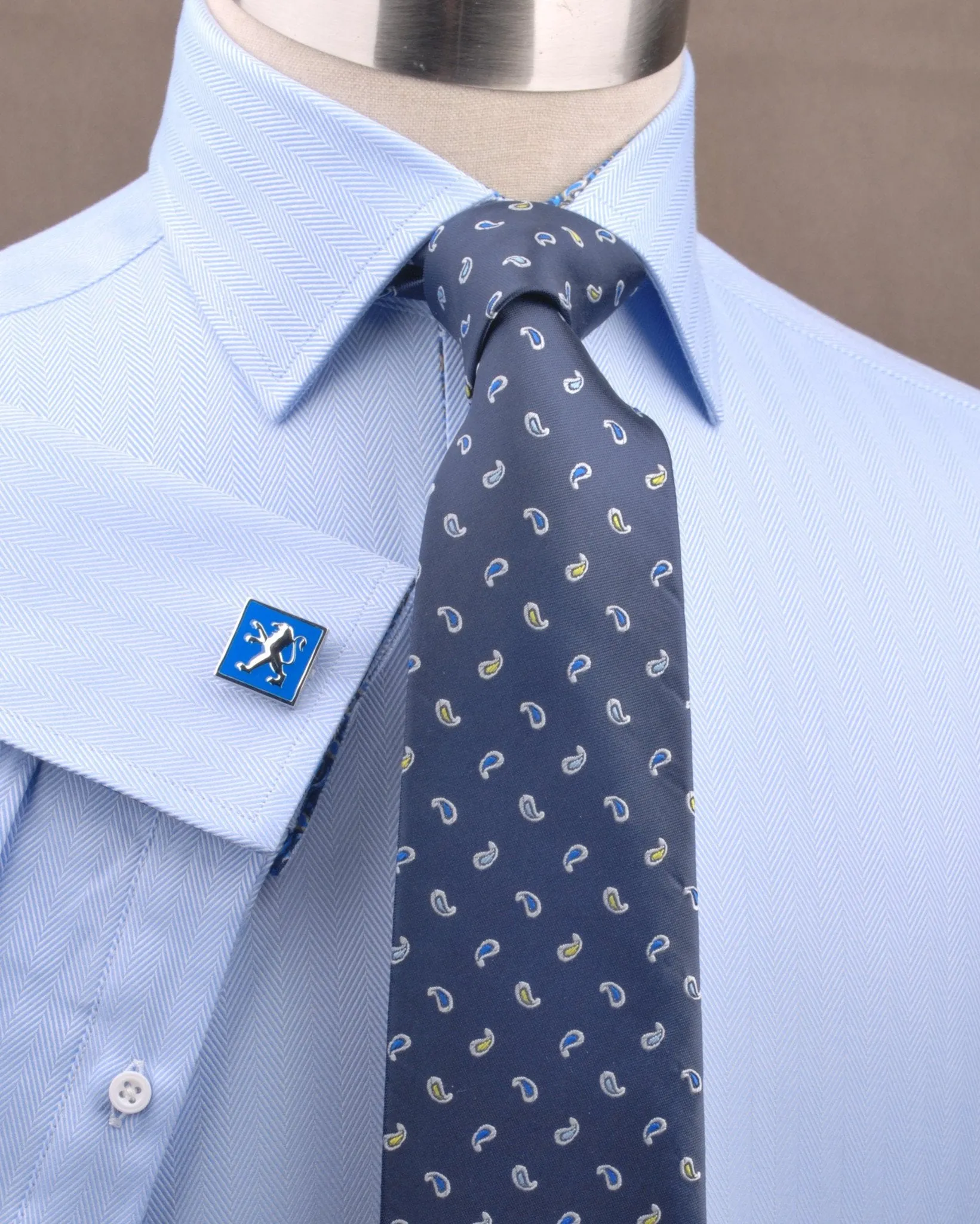 Blue Luxury Herringbone Formal Business Dress Shirt with Paisleys