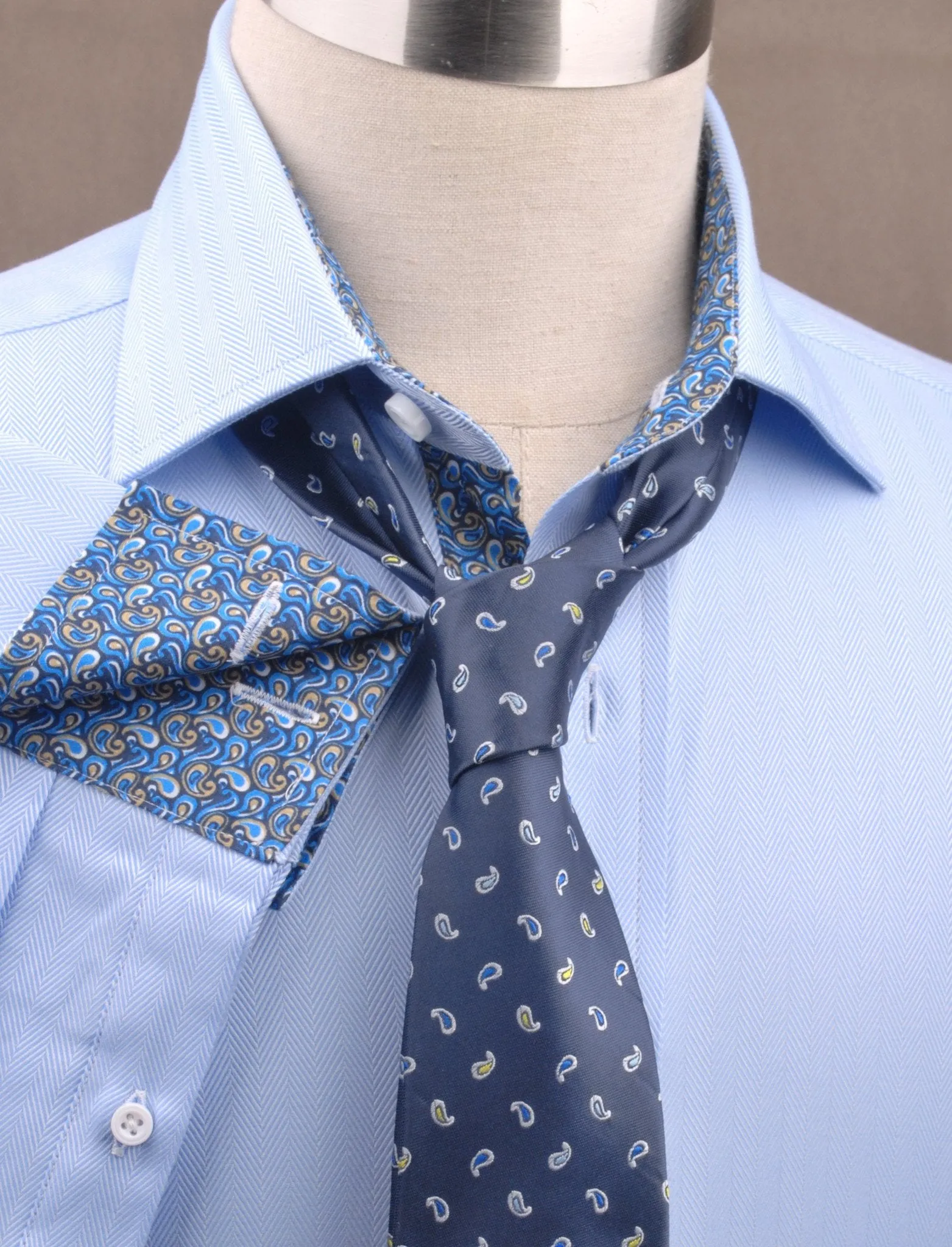 Blue Luxury Herringbone Formal Business Dress Shirt with Paisleys