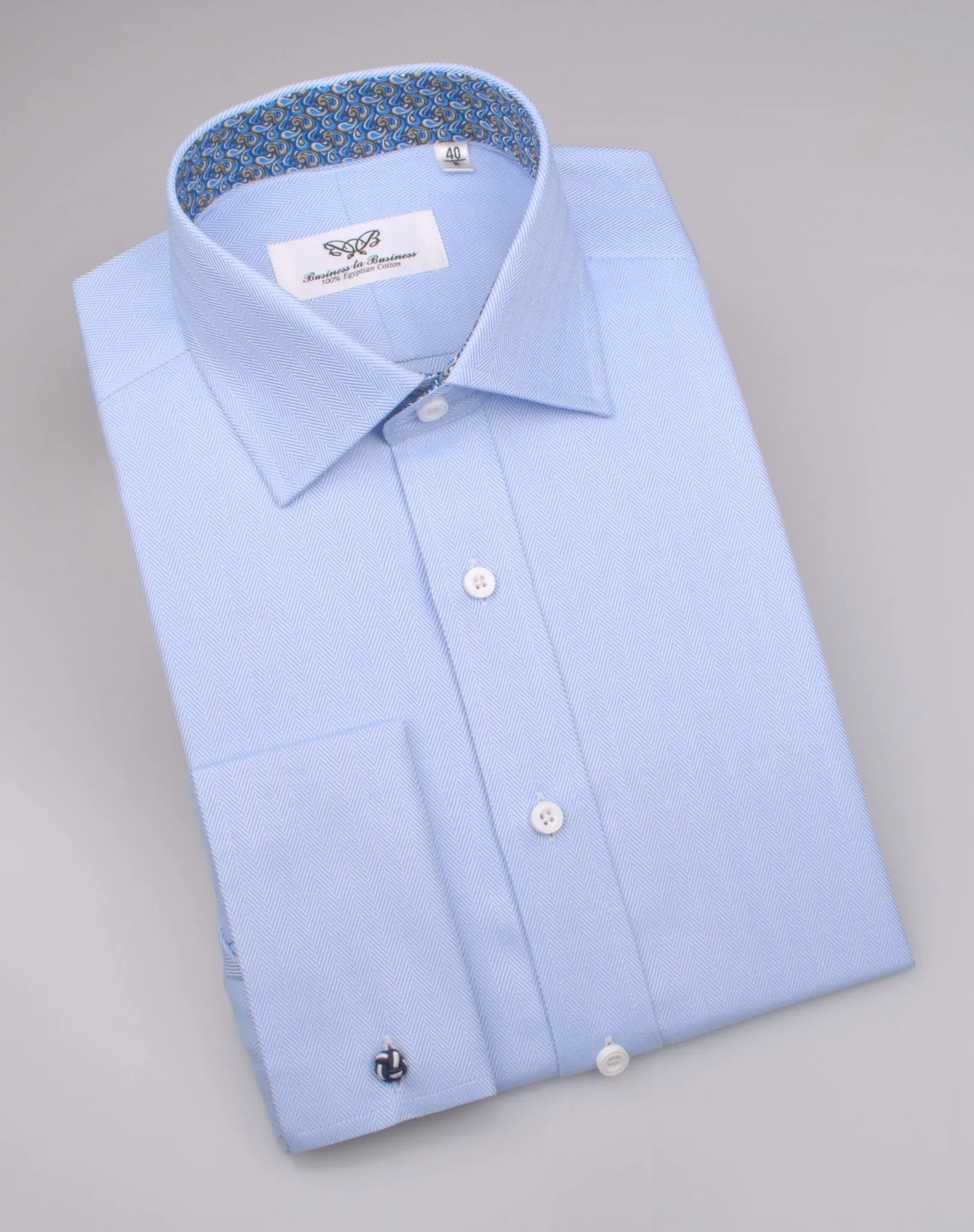 Blue Luxury Herringbone Formal Business Dress Shirt with Paisleys