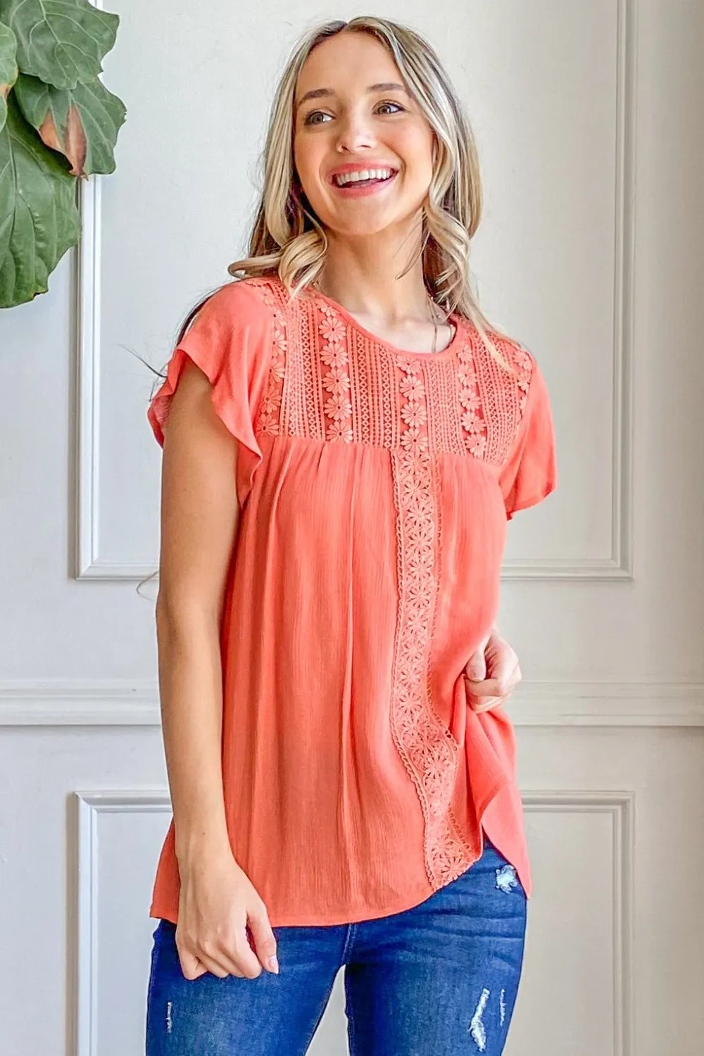 Blue Zone Planet |  And The Why Lace Detail Ruffle Short Sleeve Blouse