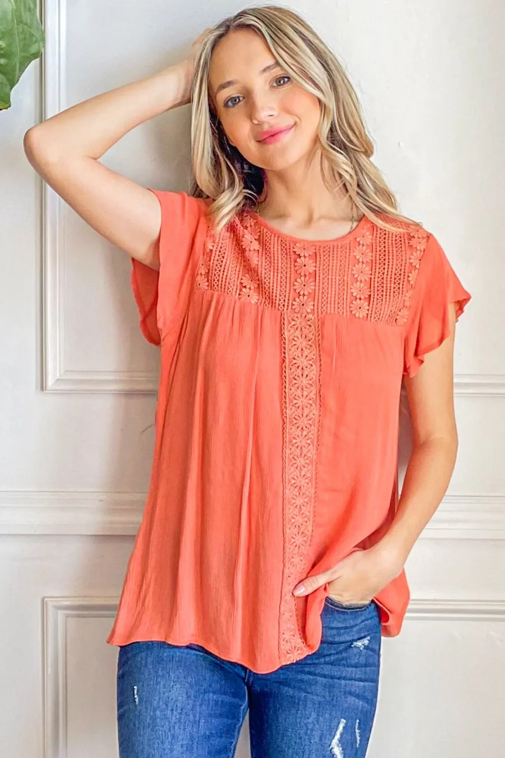 Blue Zone Planet |  And The Why Lace Detail Ruffle Short Sleeve Blouse