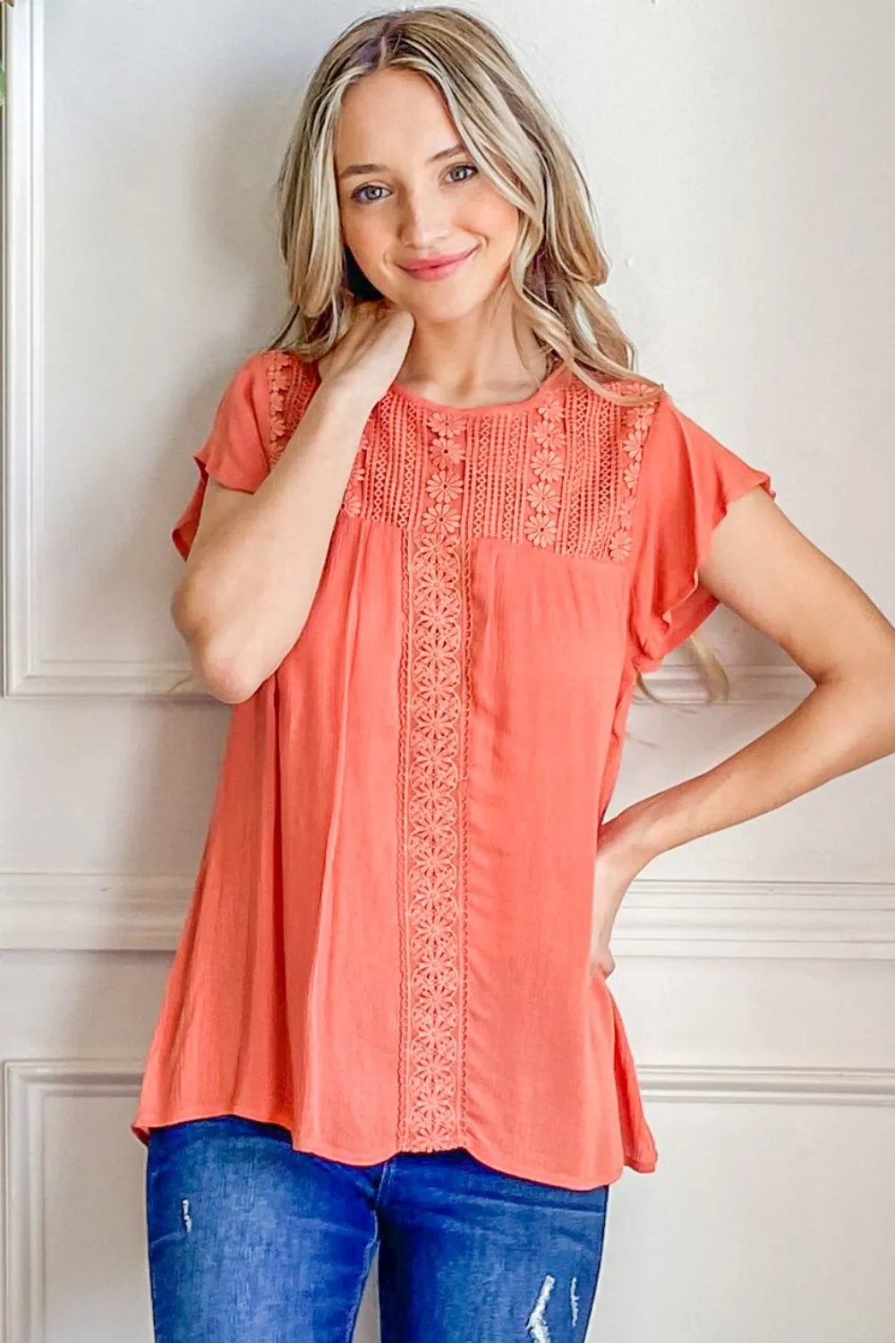 Blue Zone Planet |  And The Why Lace Detail Ruffle Short Sleeve Blouse
