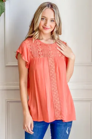 Blue Zone Planet |  And The Why Lace Detail Ruffle Short Sleeve Blouse