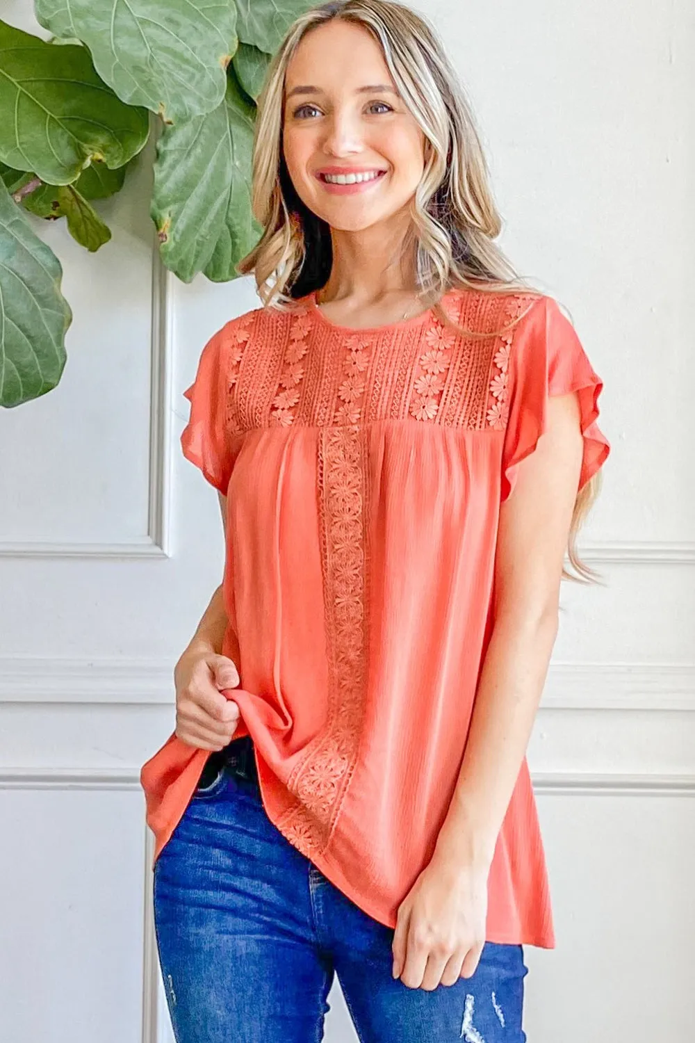 Blue Zone Planet |  And The Why Lace Detail Ruffle Short Sleeve Blouse