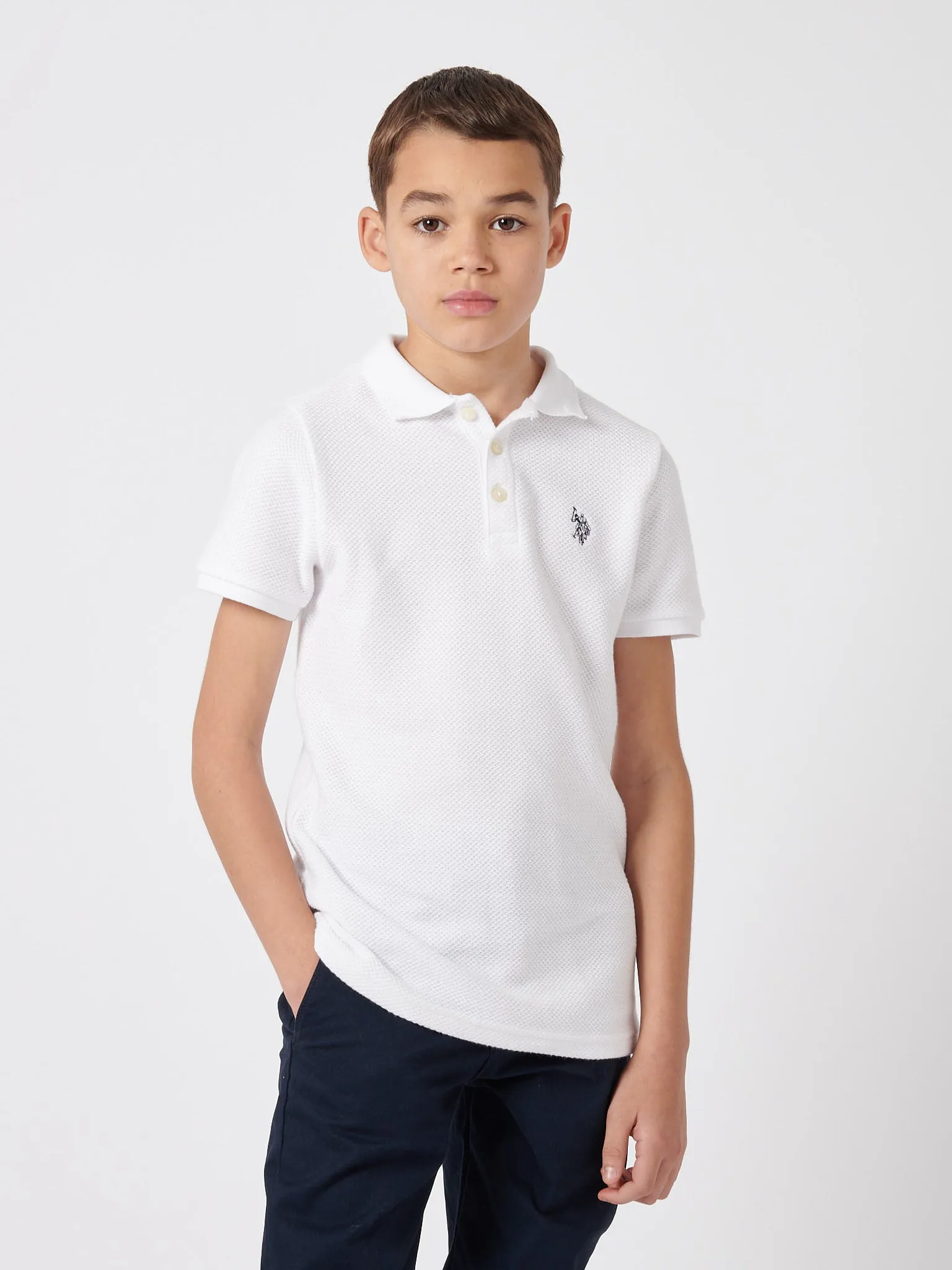 Boys Texture Double Horsemen Polo Shirt in Bright White