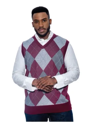 Burgundy-Grey Men's V-Neck Argyle Sweater Vest Knitwear Sleeveless Pullover STYLE-9920