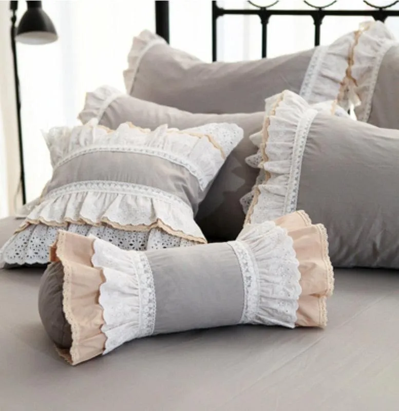 Charming European Lace Lumbar Pillow with Regal Ruffle Design