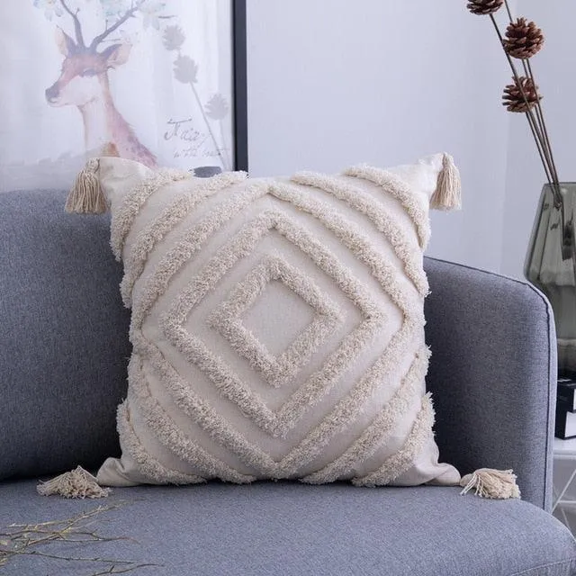 Chic Bohemian Embroidered Tassel Pillow Set - Elegant Beige Home Decor - Two Size Options Available