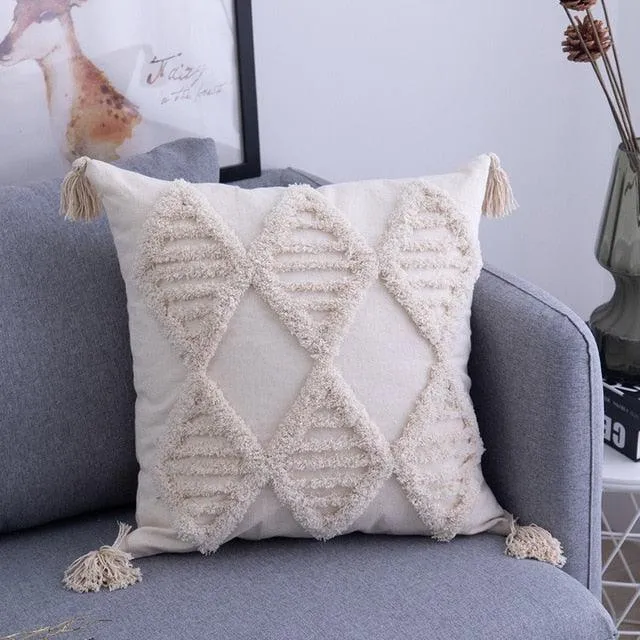 Chic Bohemian Embroidered Tassel Pillow Set - Elegant Beige Home Decor - Two Size Options Available