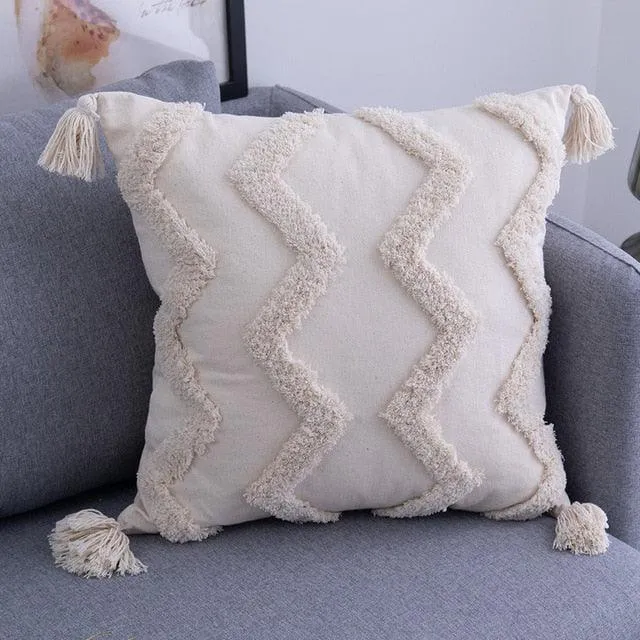 Chic Bohemian Embroidered Tassel Pillow Set - Elegant Beige Home Decor - Two Size Options Available