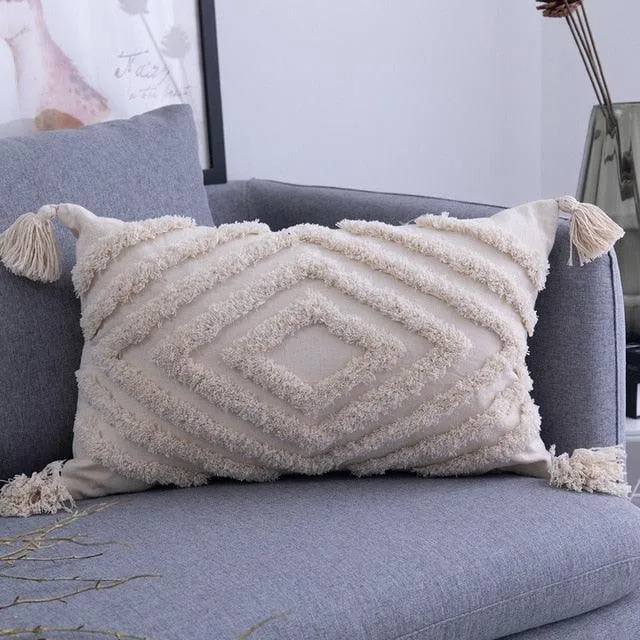 Chic Bohemian Embroidered Tassel Pillow Set - Elegant Beige Home Decor - Two Size Options Available