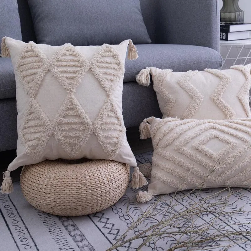 Chic Bohemian Embroidered Tassel Pillow Set - Elegant Beige Home Decor - Two Size Options Available