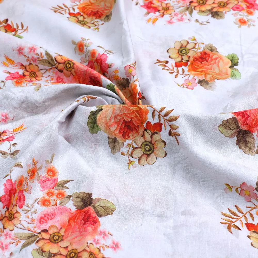 Classic Multicolor Roses With Leaves Digital Printed Fabric - Pure Cotton