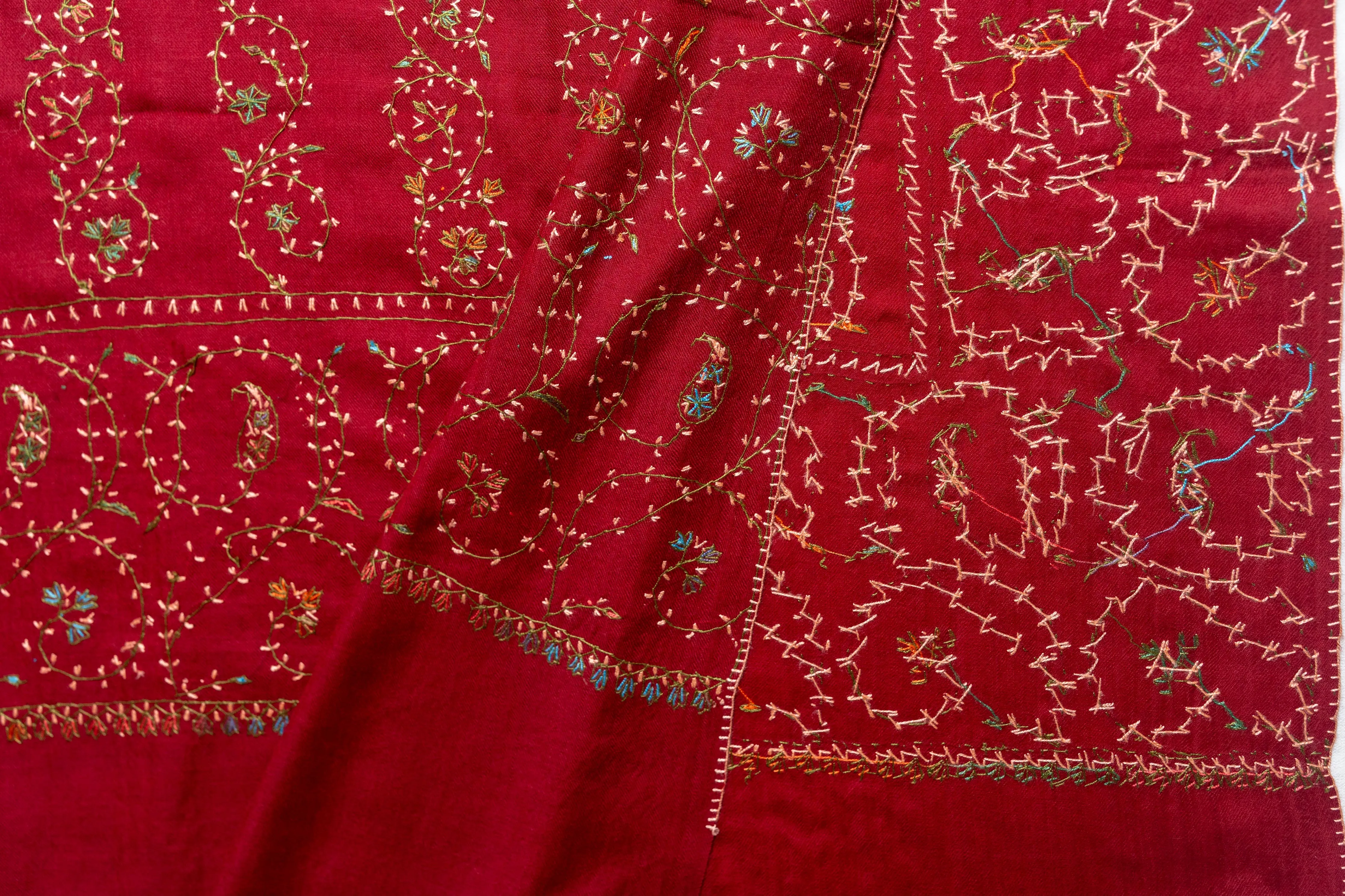 Crimson Splendor - Merino Wool Shawl with All-Over Hand-Embroidered Sozni Design