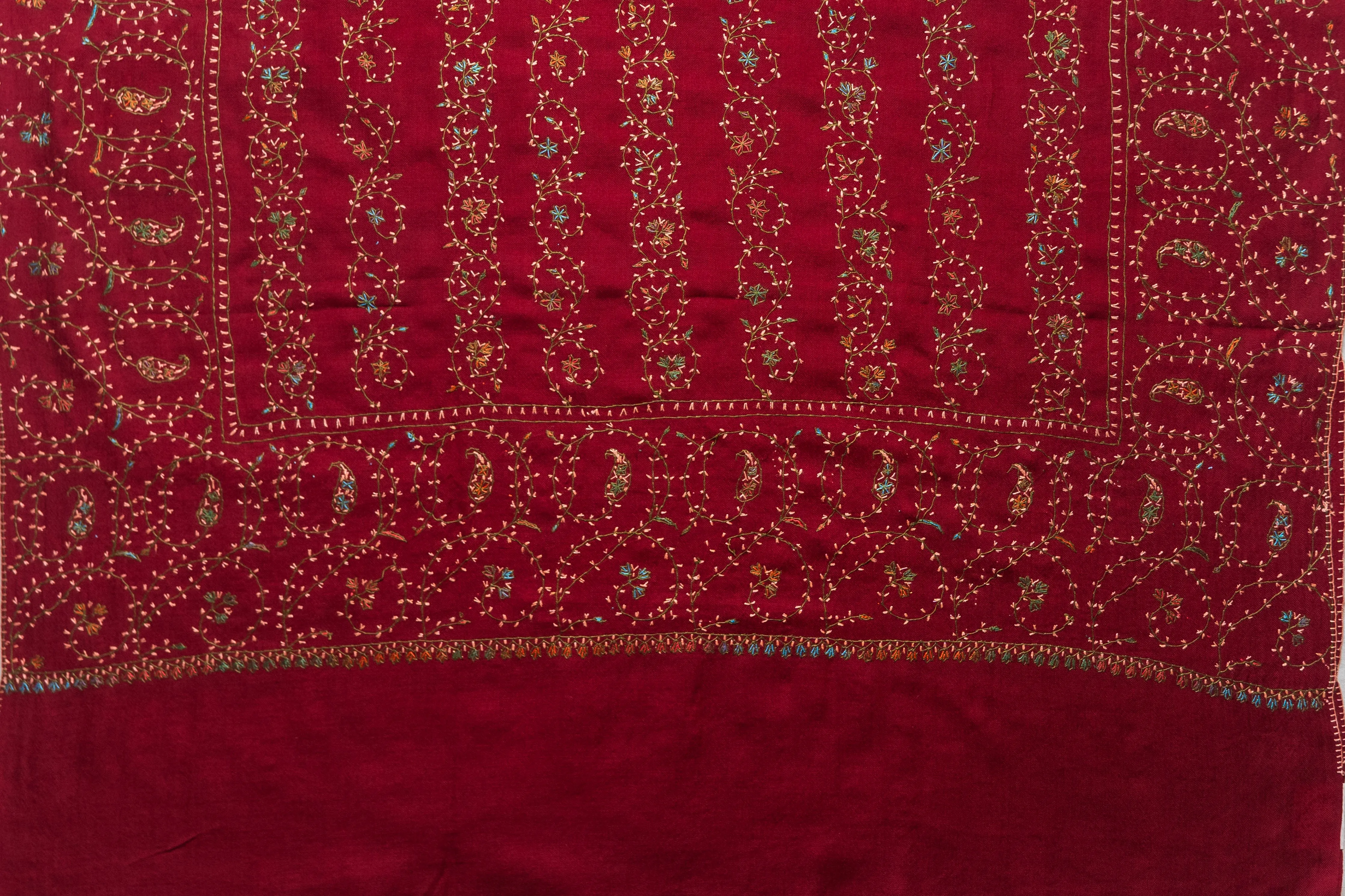 Crimson Splendor - Merino Wool Shawl with All-Over Hand-Embroidered Sozni Design