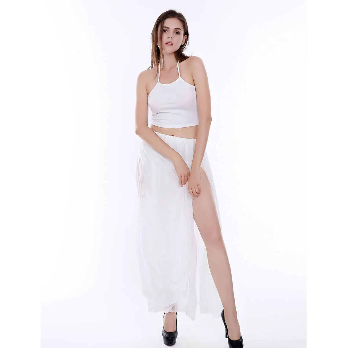 Crop Top Shorts with Split Long Skirt Cover Up Three Pieces Beach Outfits