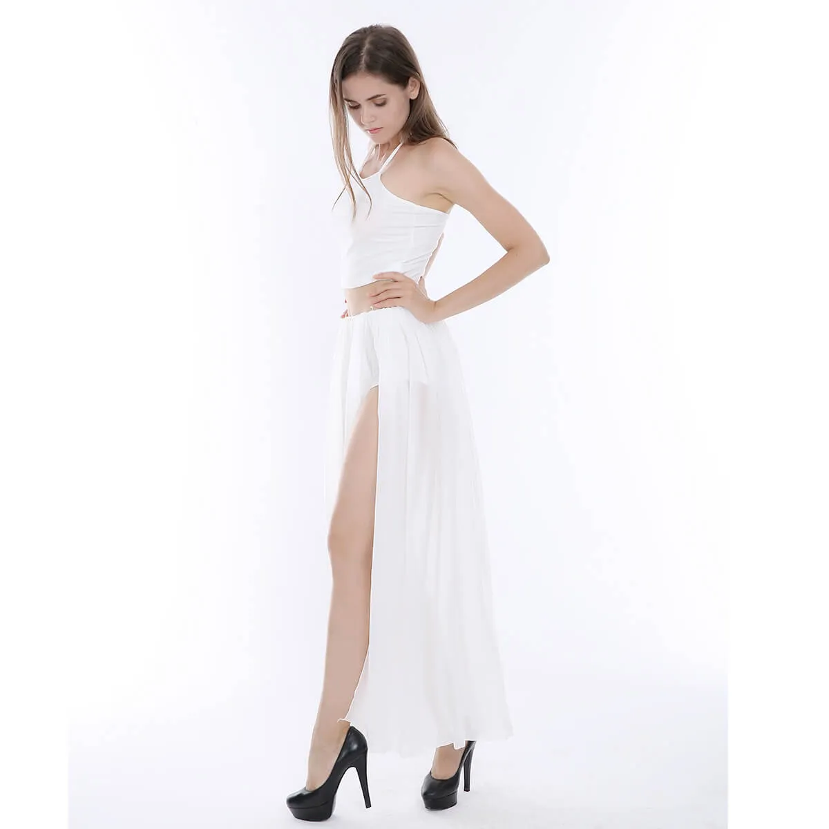 Crop Top Shorts with Split Long Skirt Cover Up Three Pieces Beach Outfits