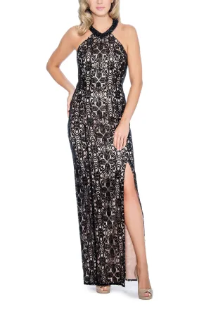 Decode Embellished Halter Neck Cutout Back Embroidered Mesh Dress