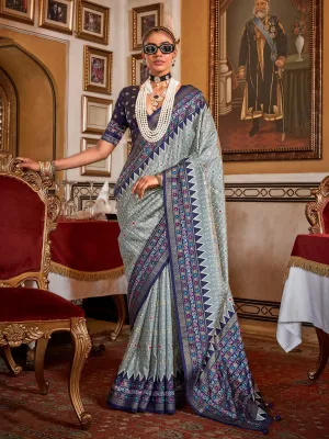 Designer Blue-Gray Silk Saree with Traditional Patola Design