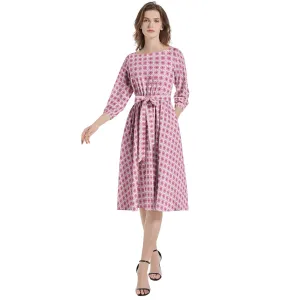 Diamond Matrix Boat Neck Belted Flared Dress