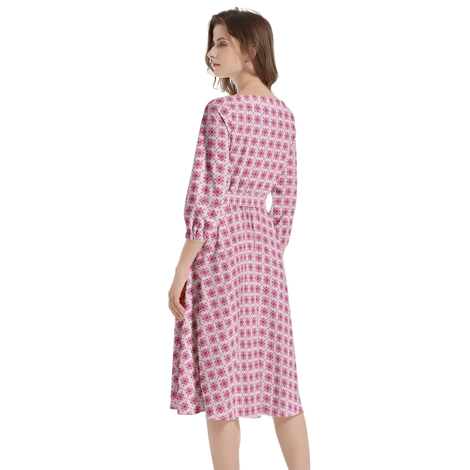 Diamond Matrix Boat Neck Belted Flared Dress