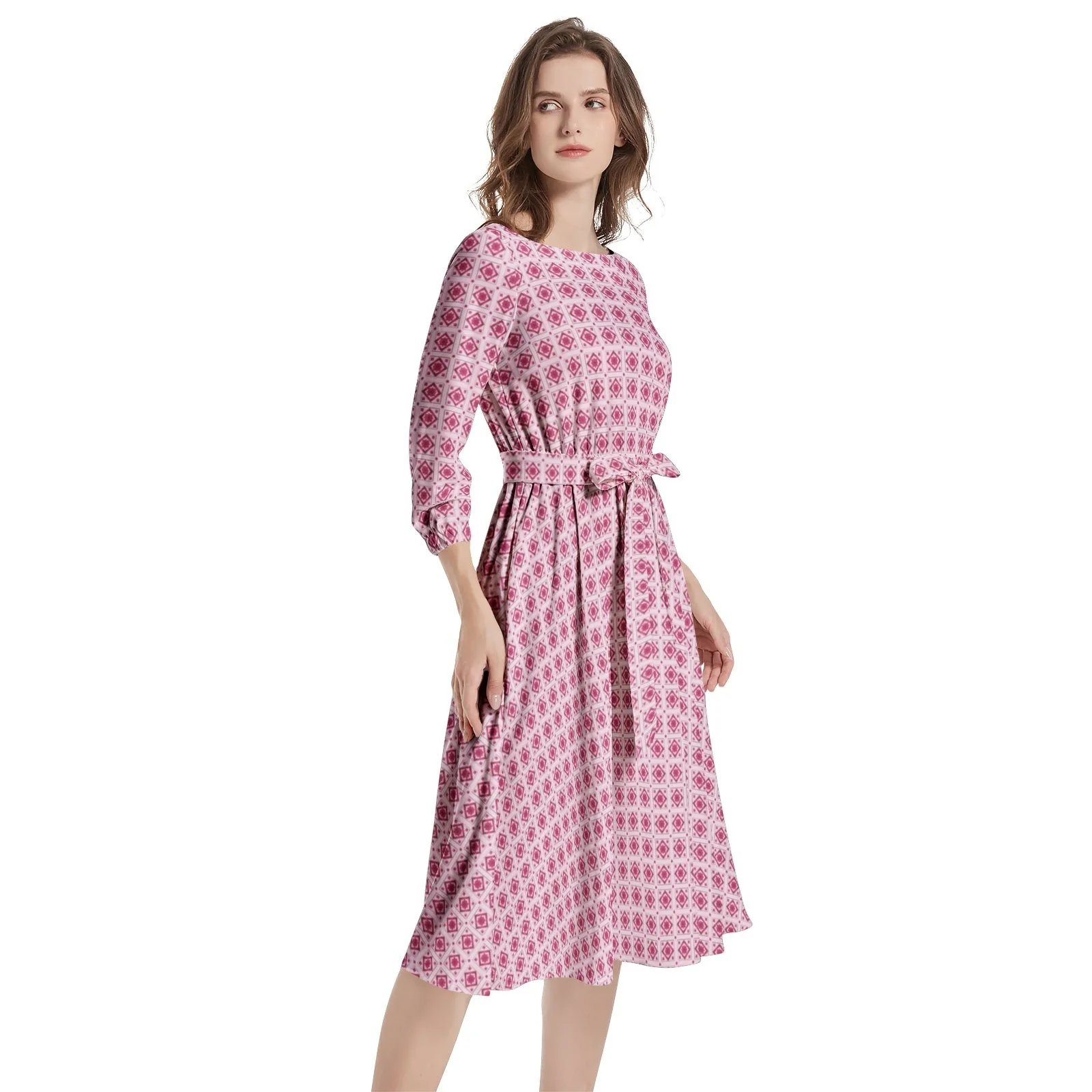 Diamond Matrix Boat Neck Belted Flared Dress