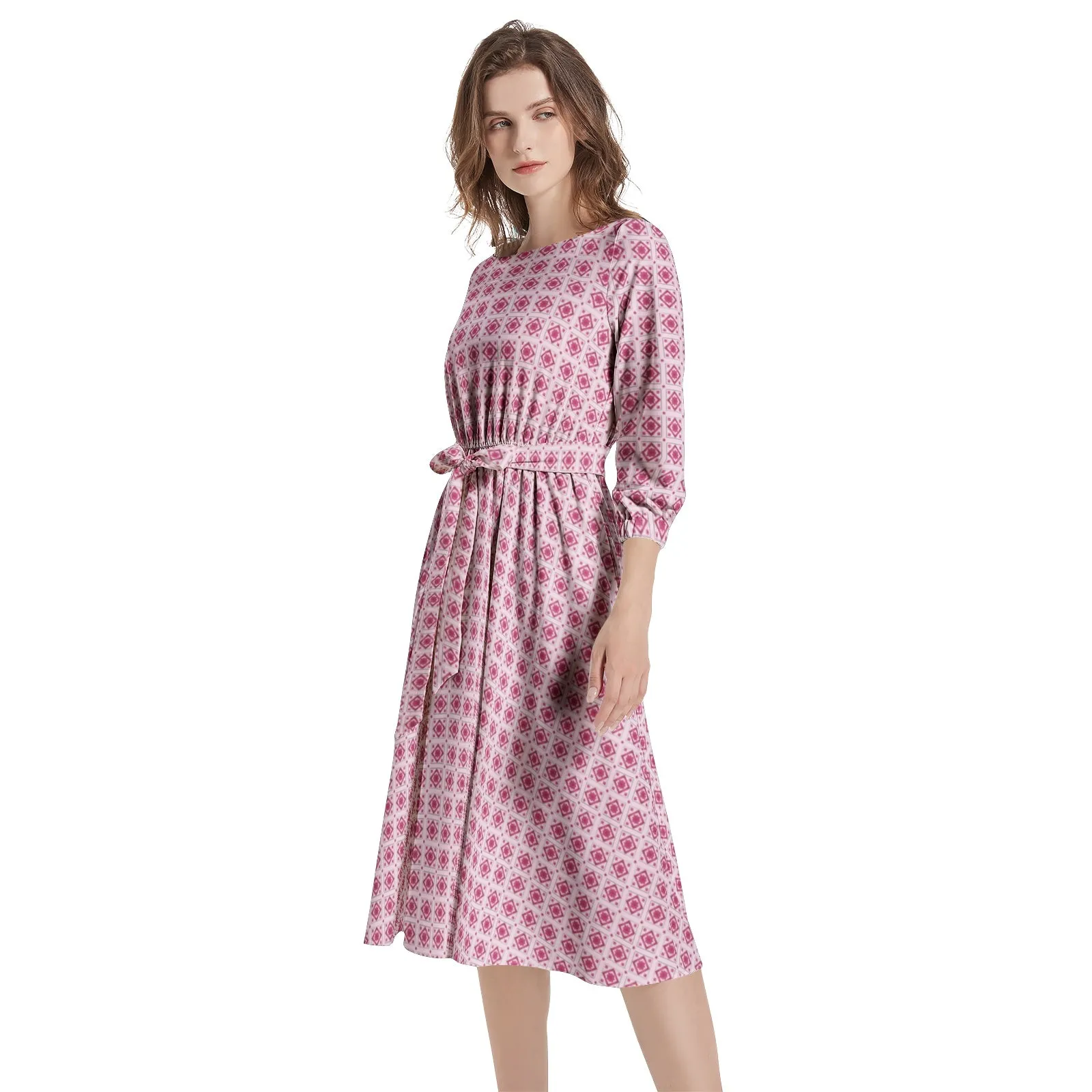 Diamond Matrix Boat Neck Belted Flared Dress