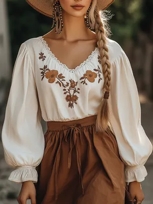 Elegant And Fashionable Bohemian Flower Embroidered V-Neck Shirt